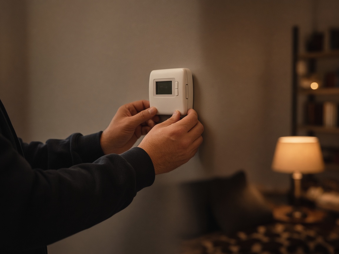 Hands setting a wall thermostat in low amber light