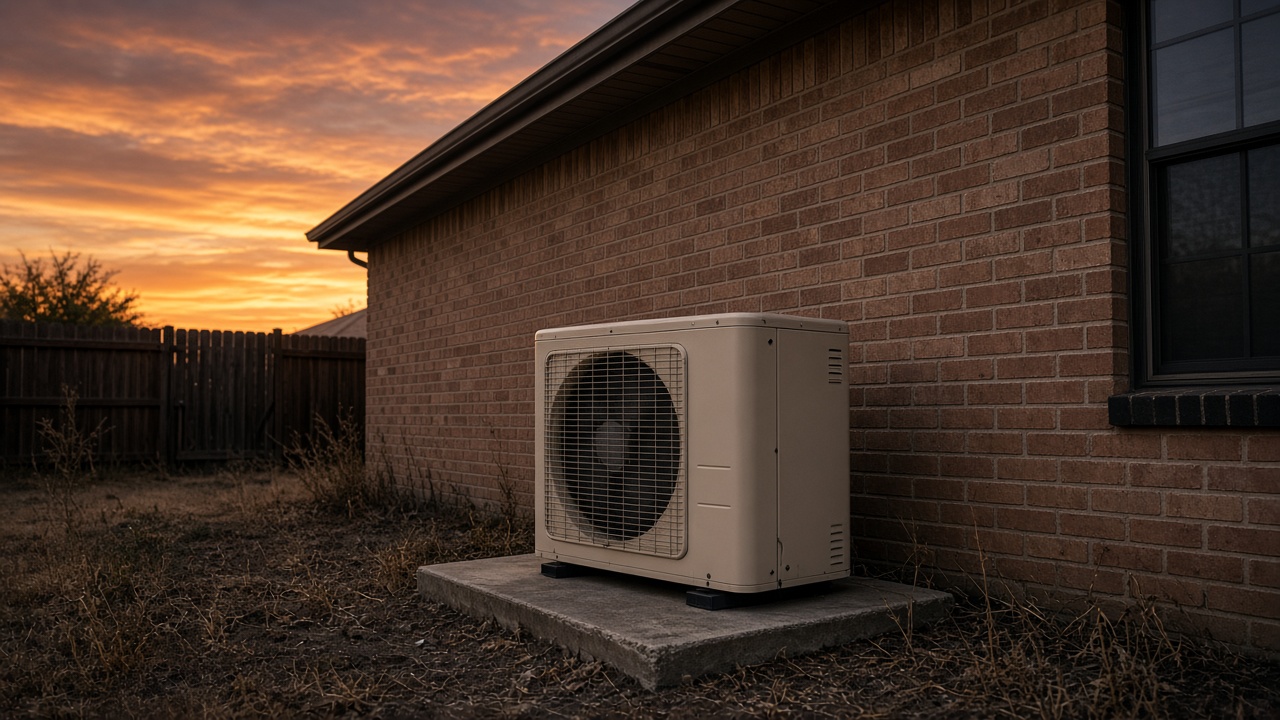 Condenser on a concrete pad beside a brick house at dusk