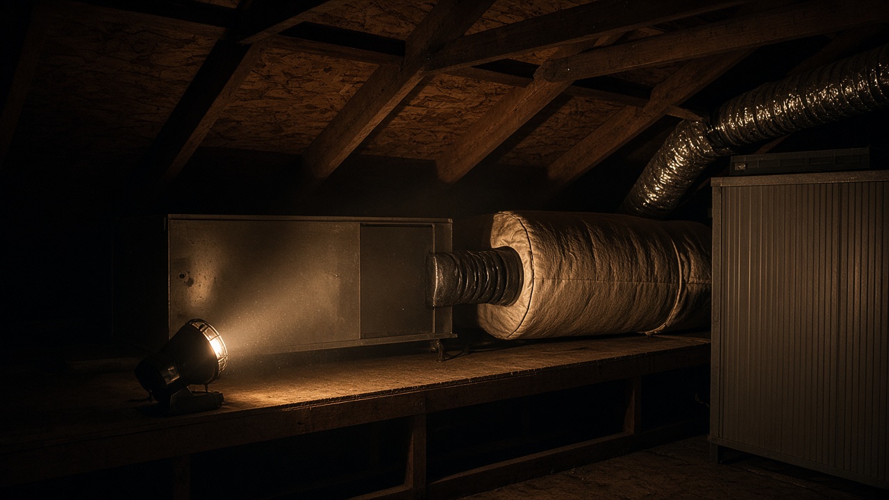 Attic air handler and supply trunk under a work lamp